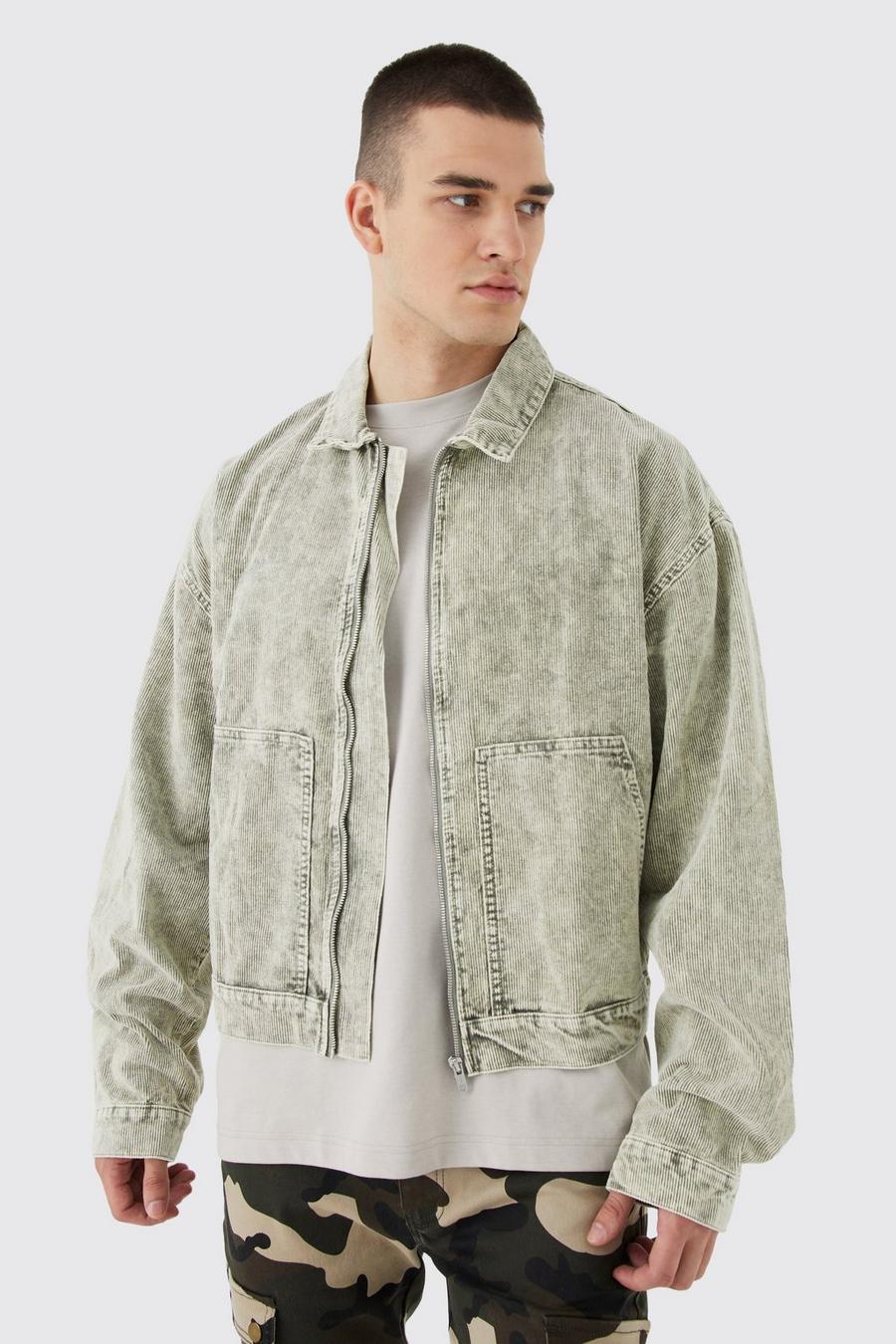 Green Tall Boxy Acid Wash Cord Pullover Jacket image number 1