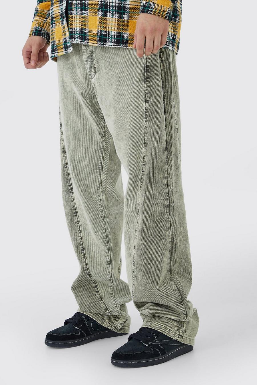 Khaki Tall Stentvättade manchesterbyxor med ledig passform image number 1