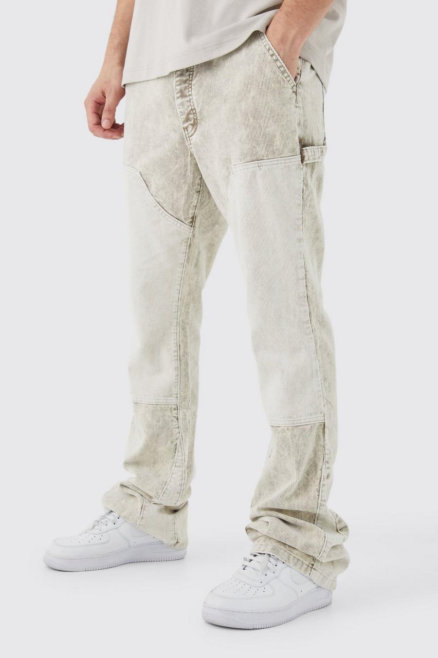 Pantaloni a zampa Tall Slim Fit in lavaggio acido a blocchi di colore in velluto a coste, Stone image number 1