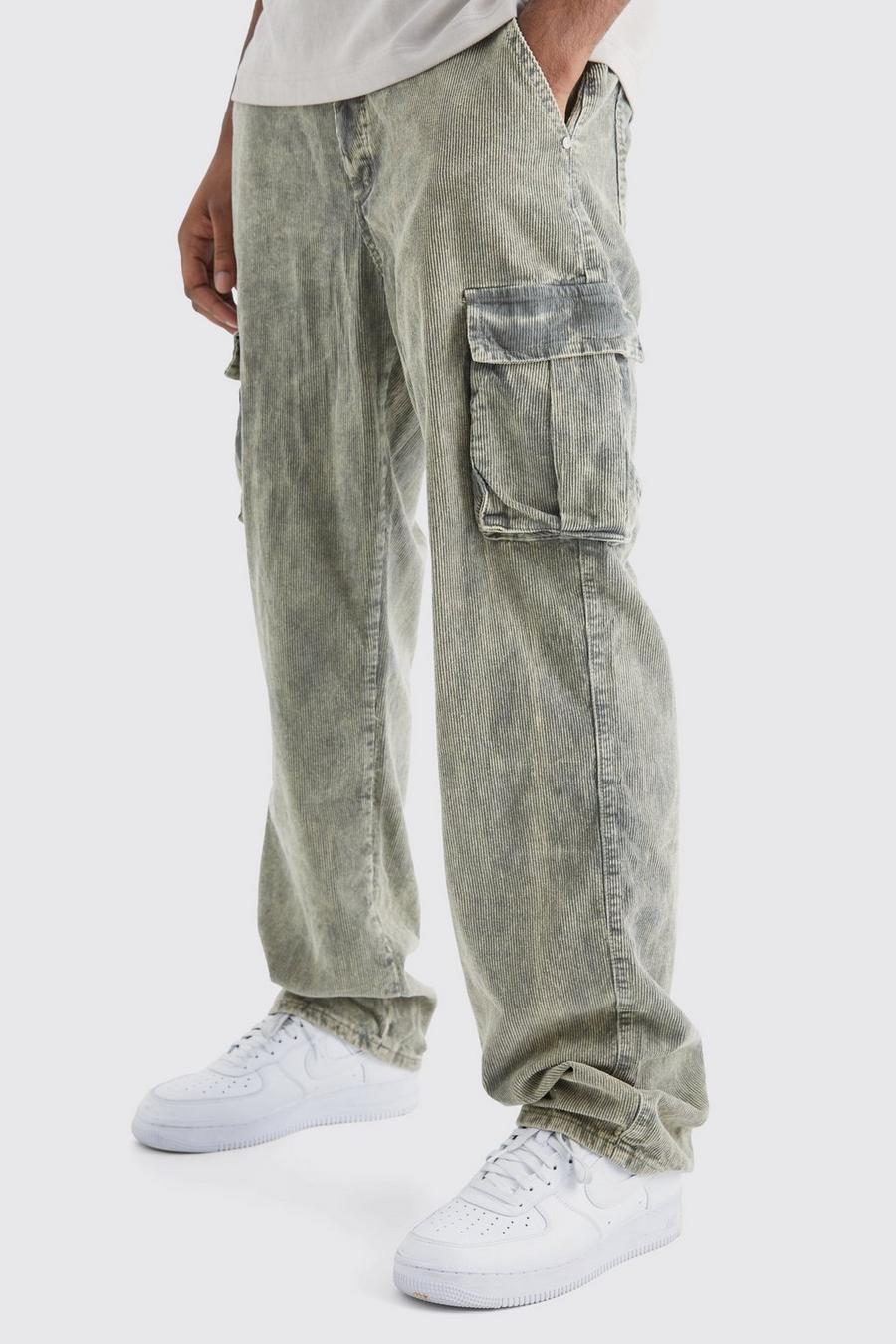 Khaki Tall Relaxed Acid Wash Cord Cargo Trouser