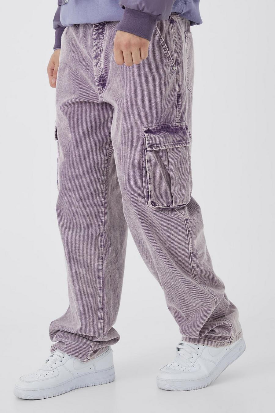 Pantaloni Cargo Tall rilassati in velluto a coste in lavaggio acido, Purple image number 1
