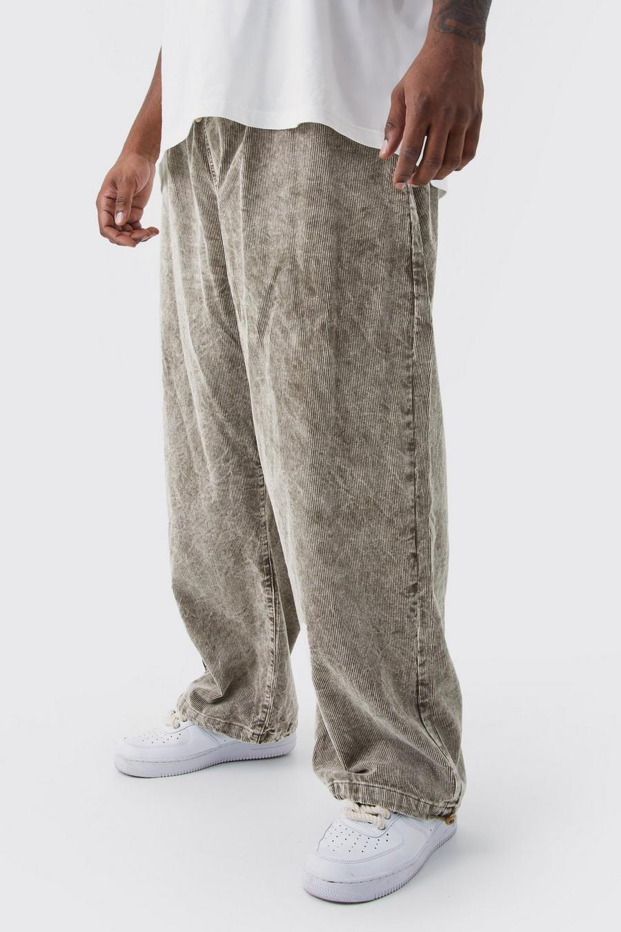 Pantaloni rilassati Plus Size in velluto a coste in lavaggio acido, Taupe