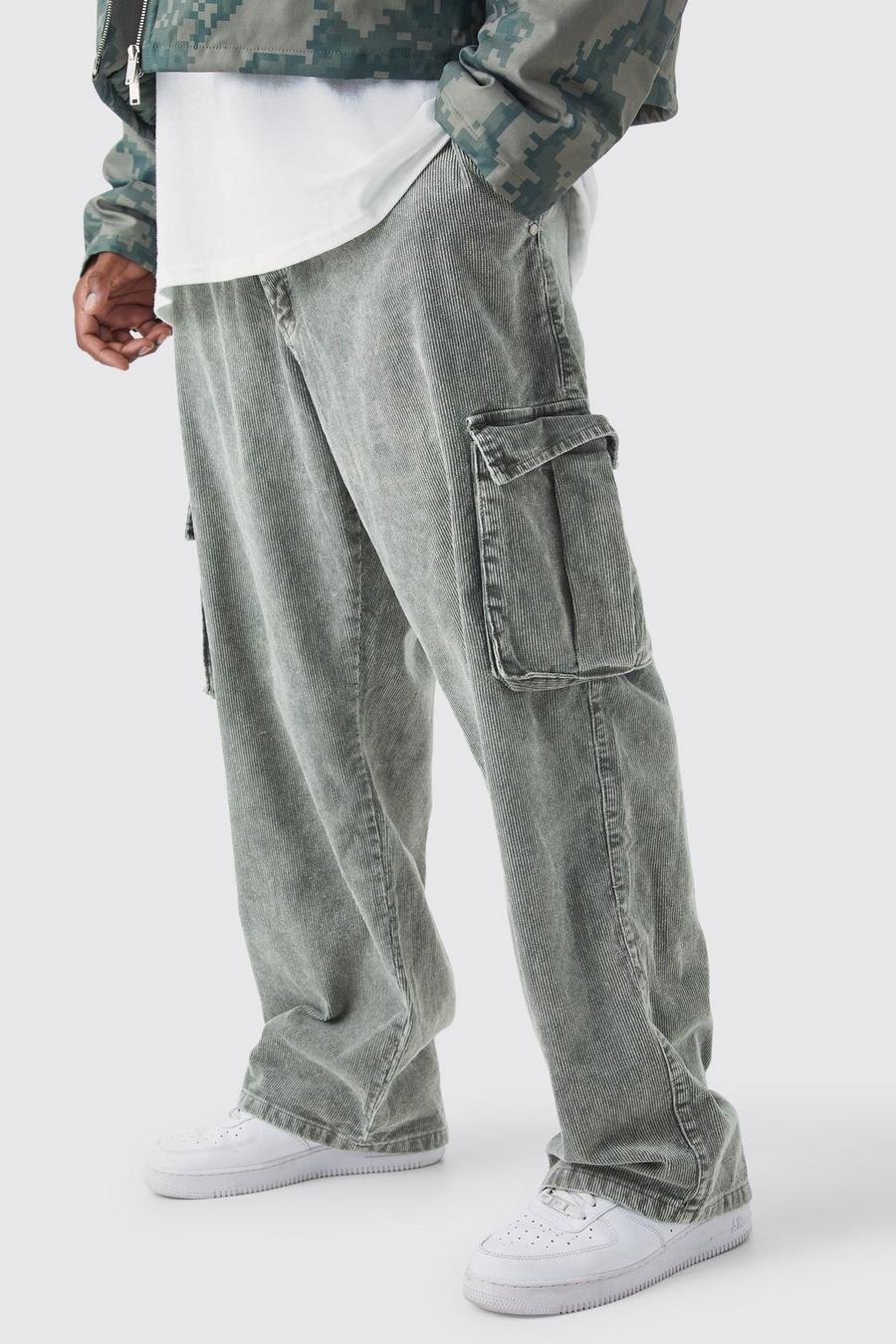 Pantaloni Cargo Plus Size rilassati in velluto a coste in lavaggio acido, Khaki image number 1