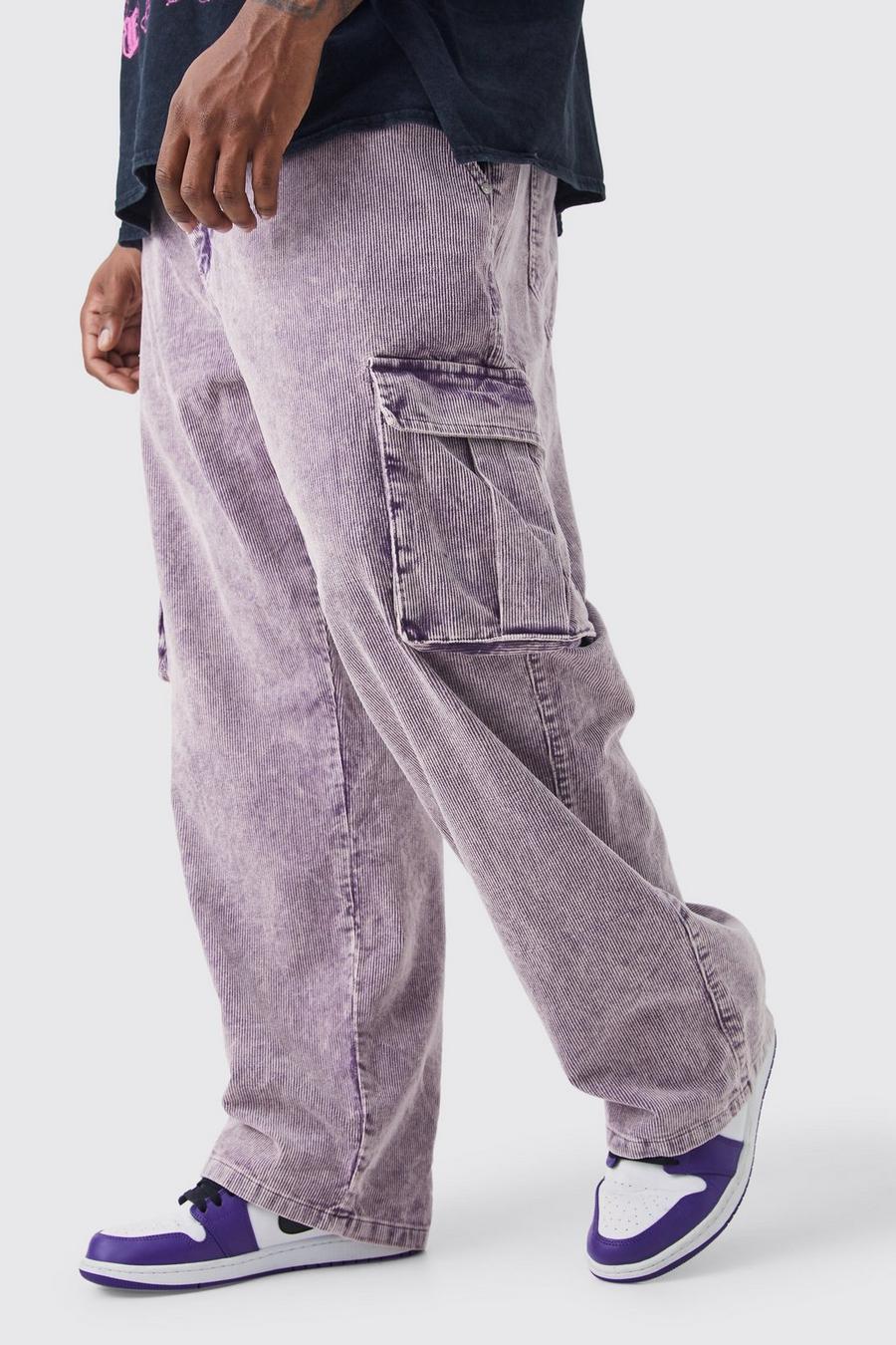 Pantaloni Cargo Plus Size rilassati in velluto a coste in lavaggio acido, Purple