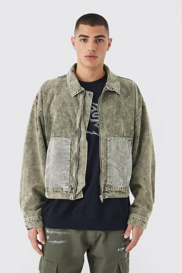 Khaki Boxy Colour Block Acid Wash Corduroy Jacket