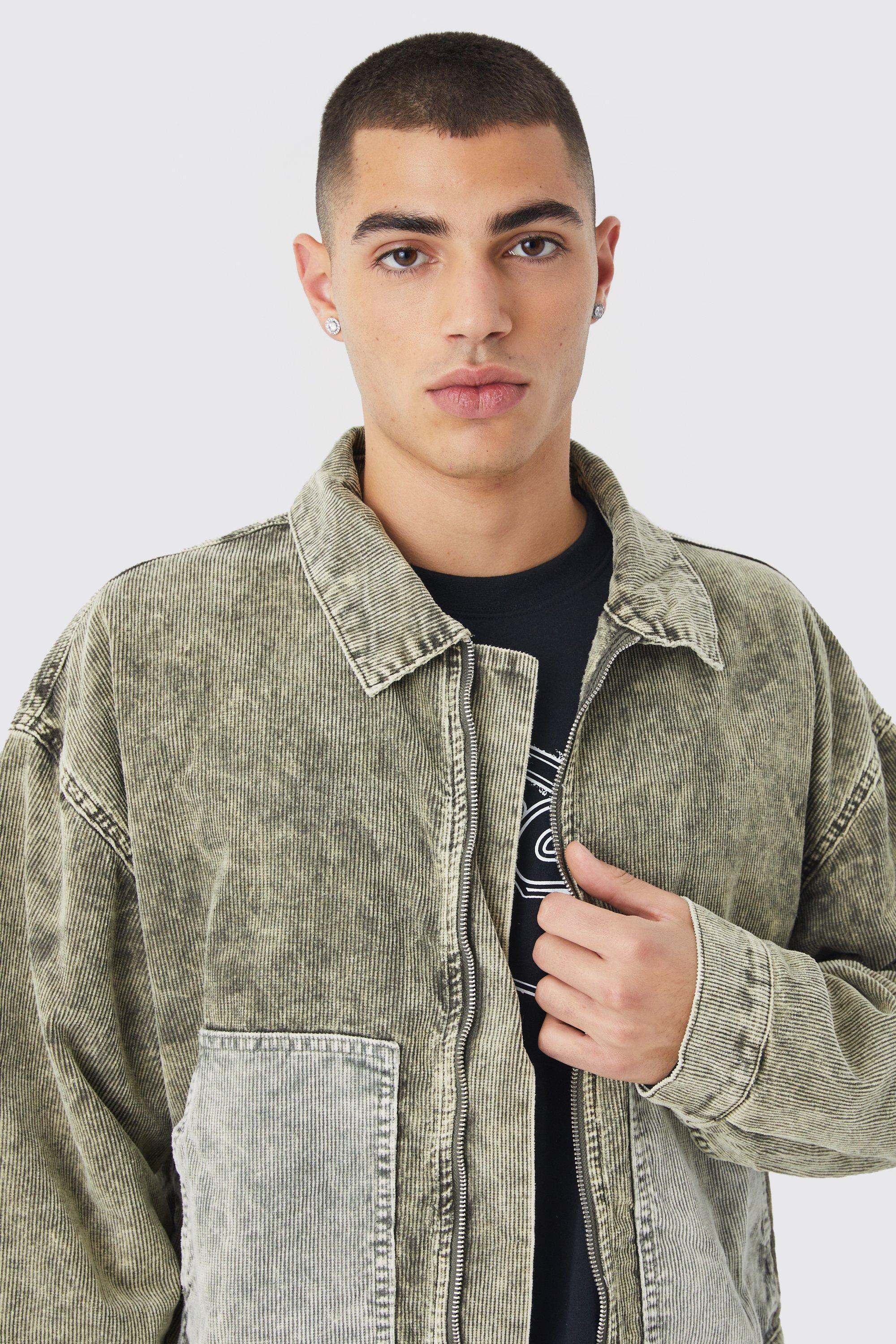 Boxy Color Block Acid Wash Corduroy Jacket