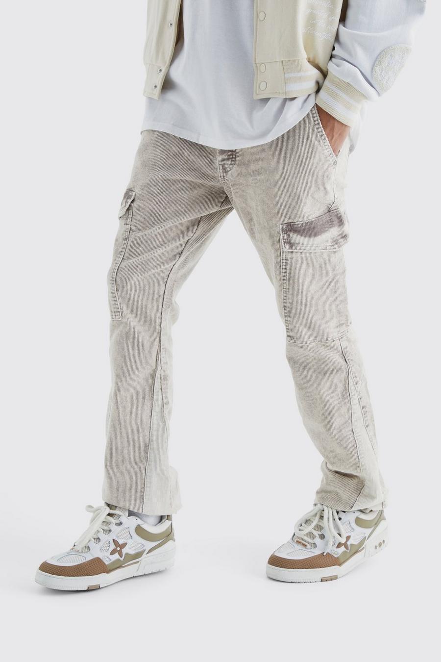 Pantaloni Cargo Slim Fit in velluto a coste con inserti in lavaggio acido, Stone