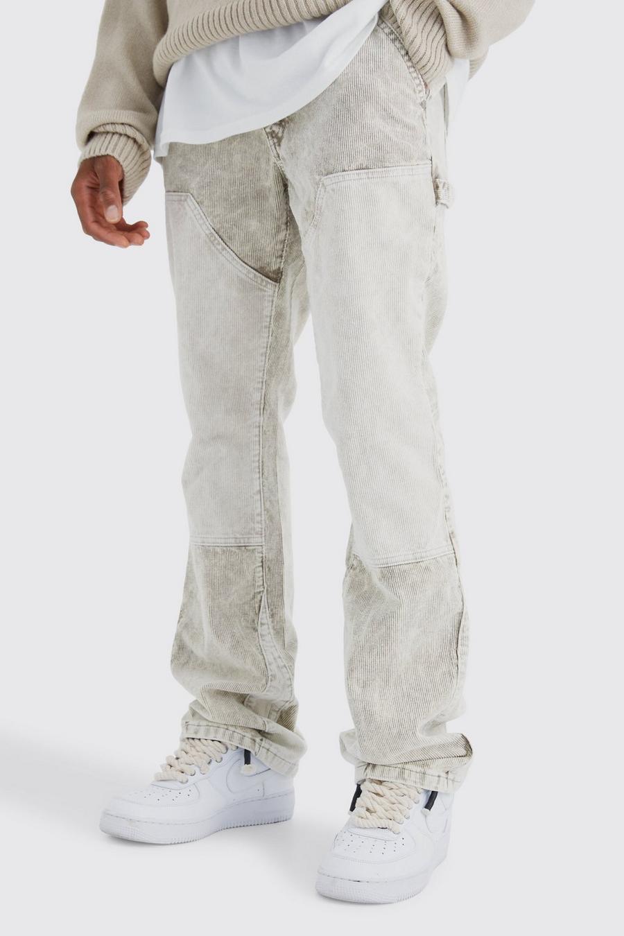 Pantaloni a zampa Slim Fit in lavaggio acido a blocchi di colore in velluto a coste, Stone image number 1
