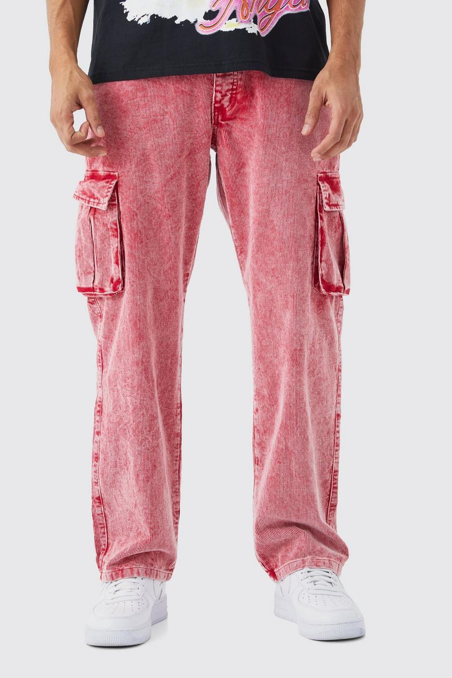 Red Relaxed Acid Wash Corduroy Cargo Trouser Red image number 1