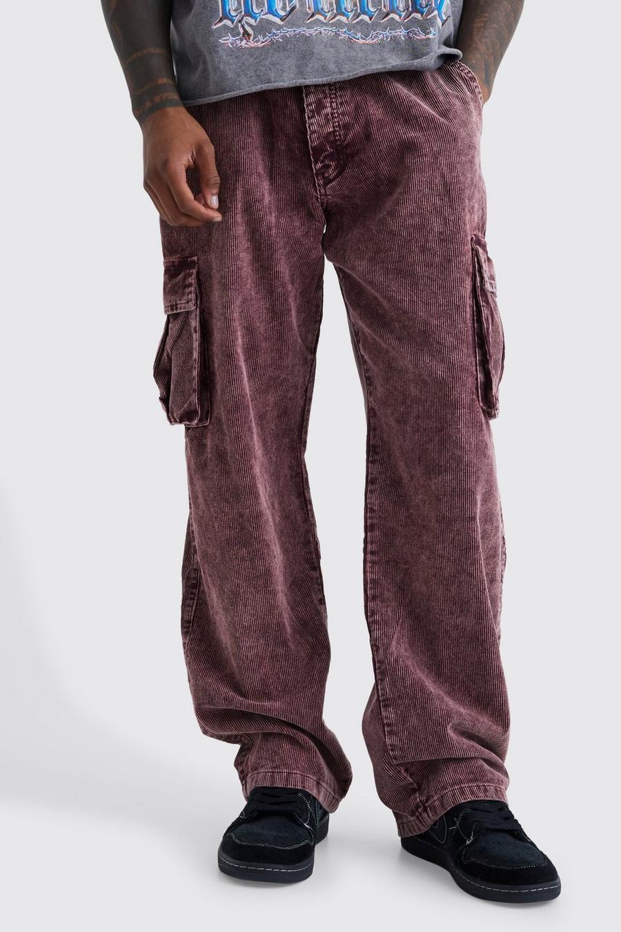 Plum Relaxed Acid Wash Corduroy Cargo Trouser image number 1