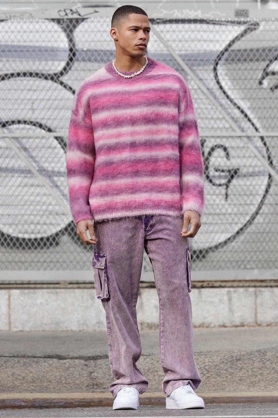 Purple Relaxed Acid Wash Cord Cargo Trouser image number 1