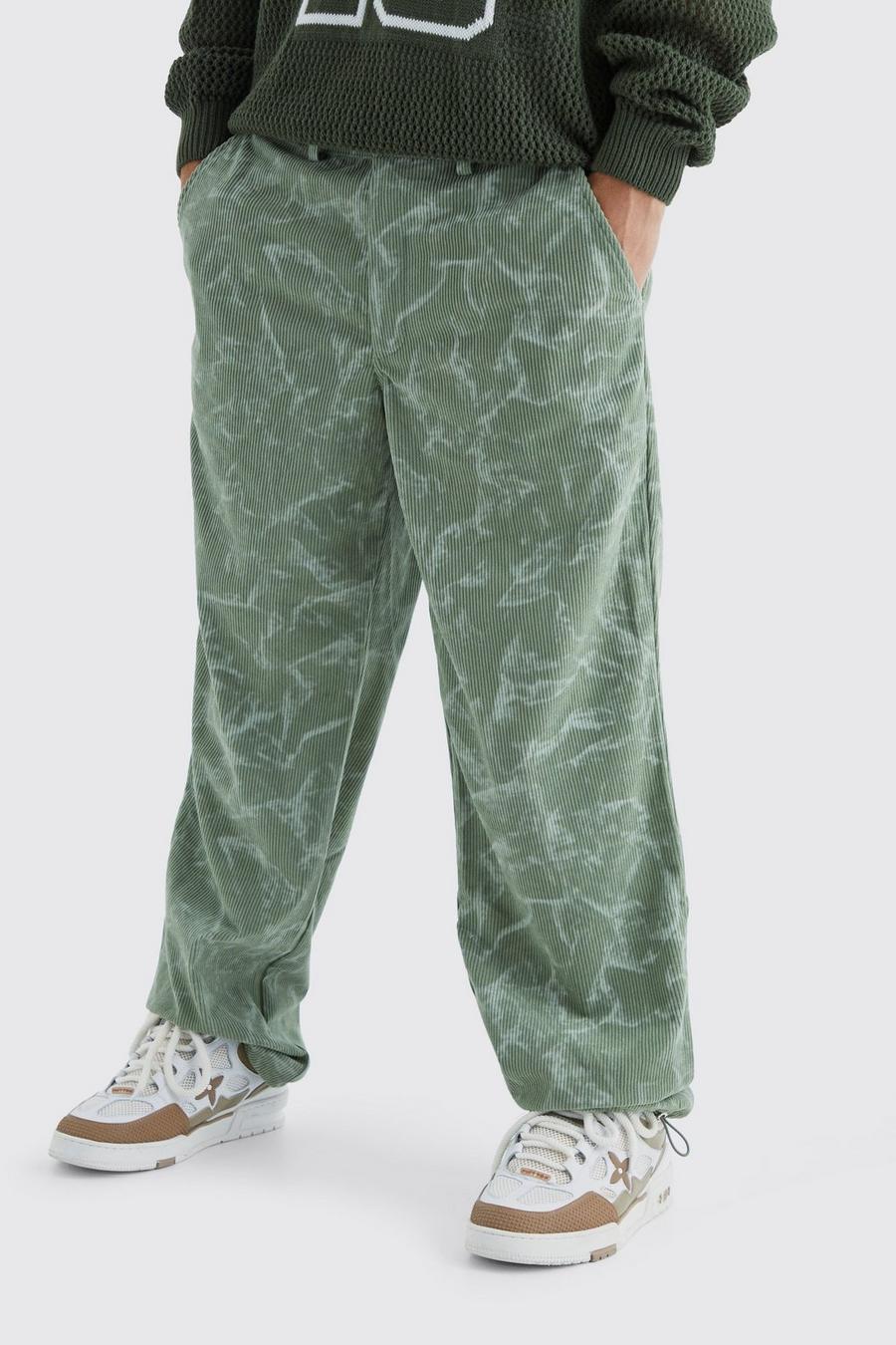 Pantalón holgado de pana con desteñido anudado y cintura fija, Green image number 1