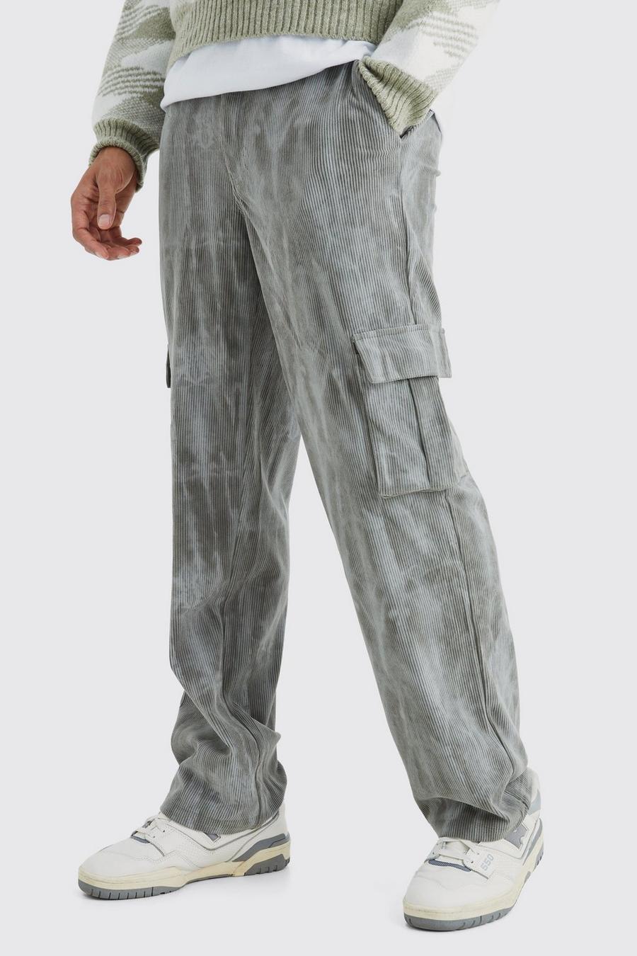 Grey Fixed Waist Relaxed Tie Dye Cargo Corduroy Pants