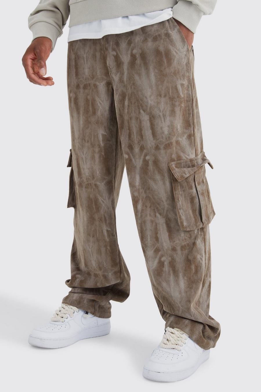Pantalón cargo holgado de pana con desteñido anudado y cintura fija, Brown marrone