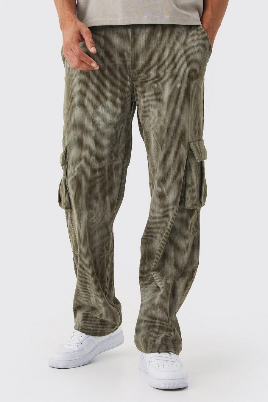 Pantalón cargo holgado de pana con desteñido anudado y cintura fija, Sage image number 1