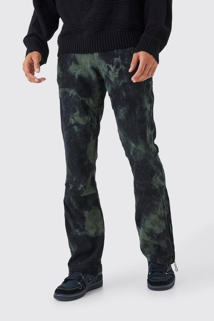 Pantaloni a zampa Slim Fit in velluto a coste in fantasia tie dye con vita fissa, Green image number 1