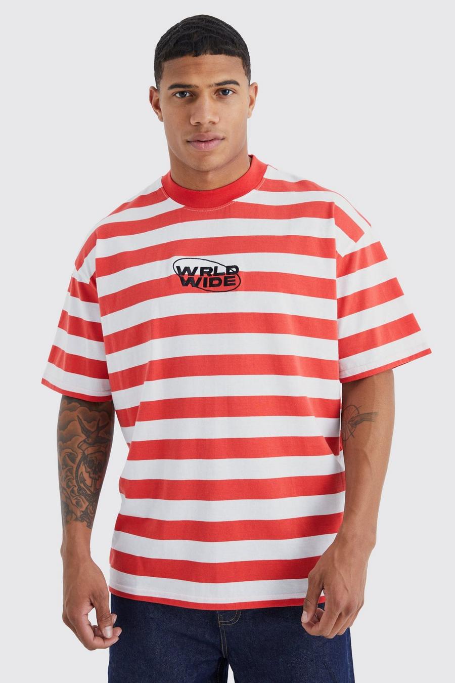 Oversize Worldwide T-Shirt mit Streifen, Red