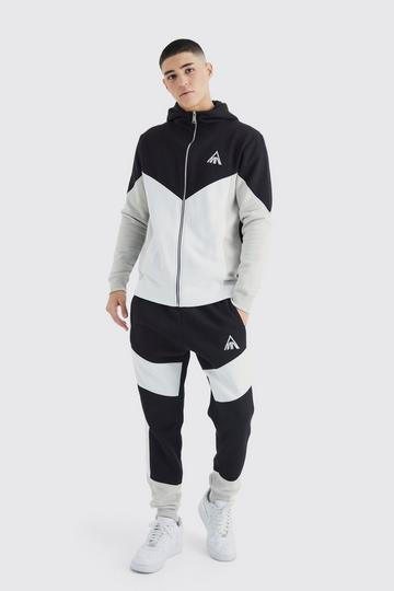 Black Man Slim Funnel Hooded Color Block Tracksuit