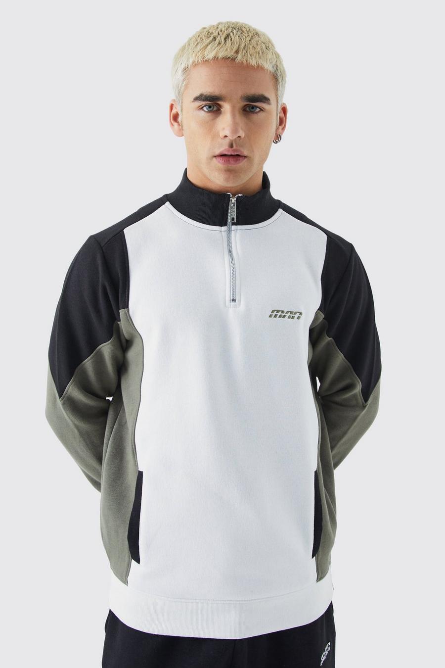 Man Colorblock Sweatshirt mit 1/4 Reißverschluss und Trichterkragen, Khaki image number 1
