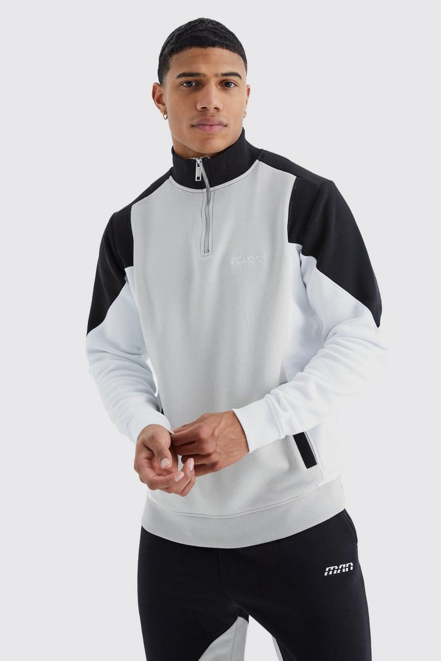 Man Colorblock Sweatshirt mit 1/4 Reißverschluss und Trichterkragen, Black image number 1