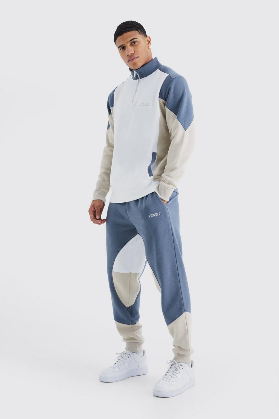 Man Colorblock Trainingsanzug mit 1/4 Reißverschluss und Trichterkragen, Slate blue image number 1