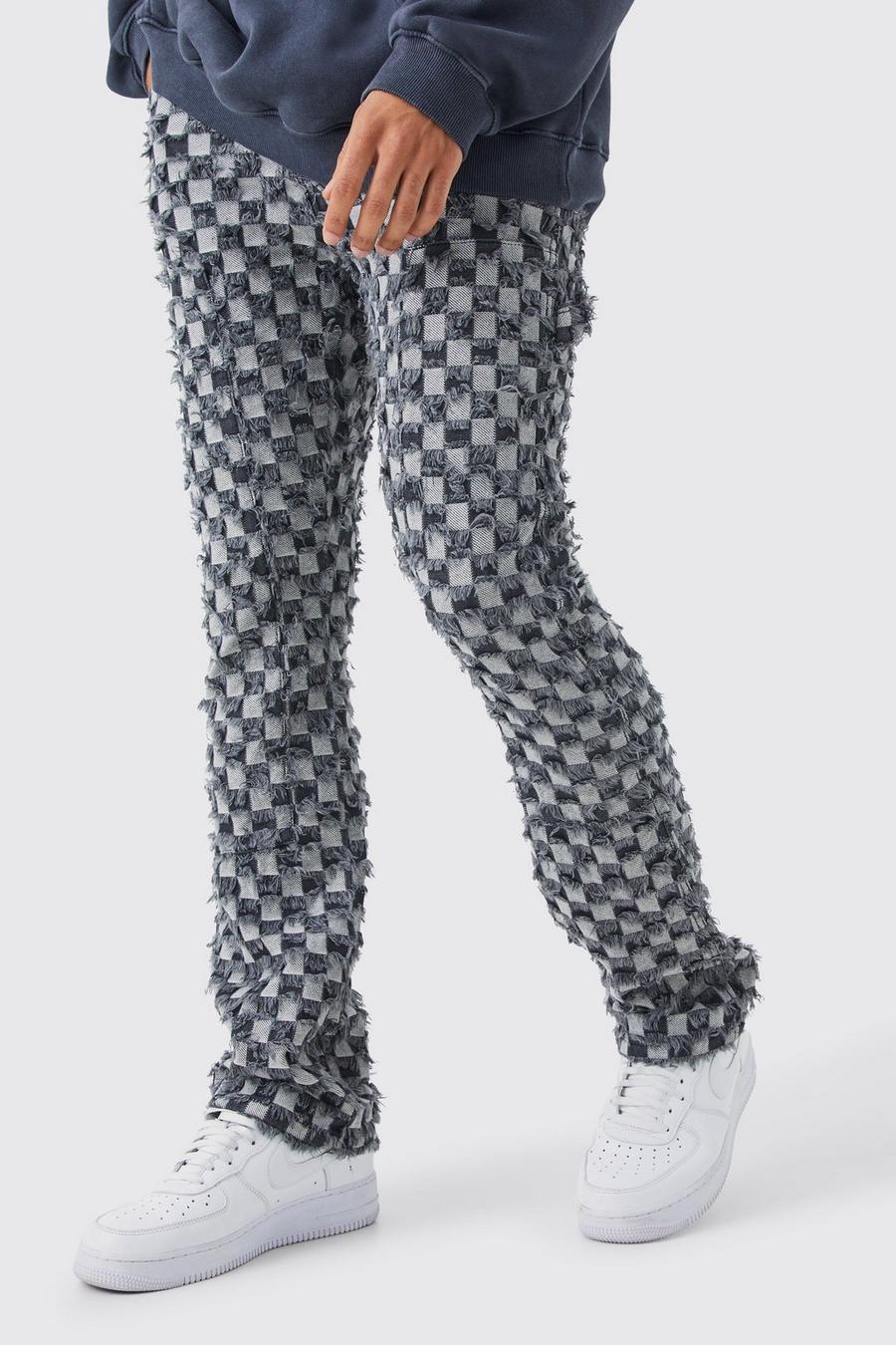 Pantaloni a zampa Slim Fit a vita fissa a quadri con inserti stile arazzo, Charcoal image number 1
