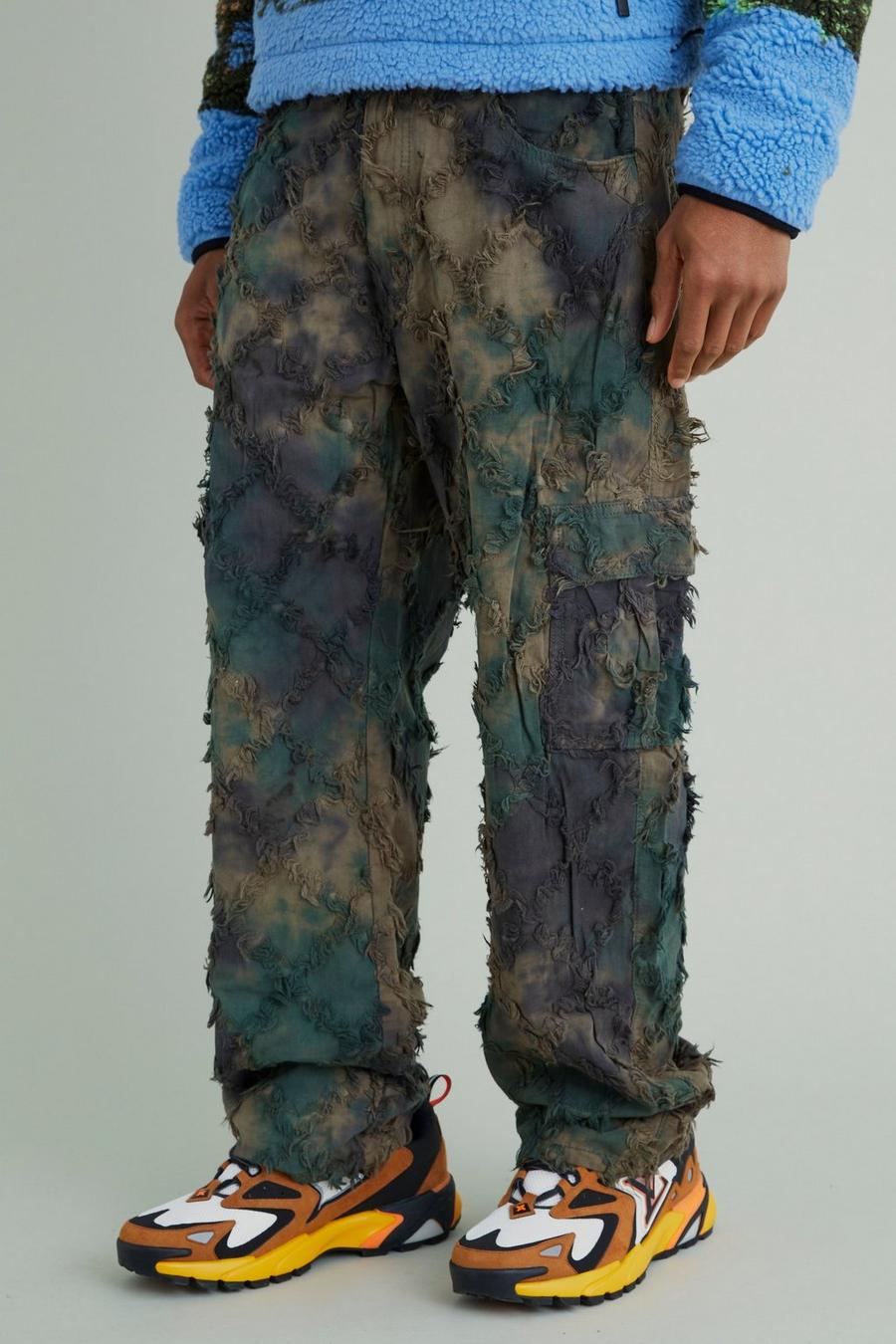 Pantalón cargo holgado de camuflaje con cintura fija y estampado de tapiz, Olive image number 1