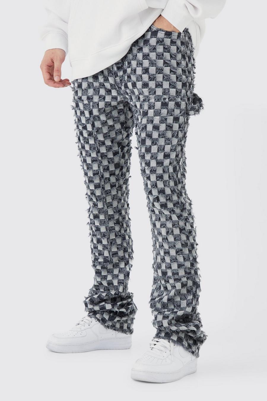 Pantaloni a zampa Tall Slim Fit a vita fissa a quadri con inserti stile arazzo, Charcoal image number 1