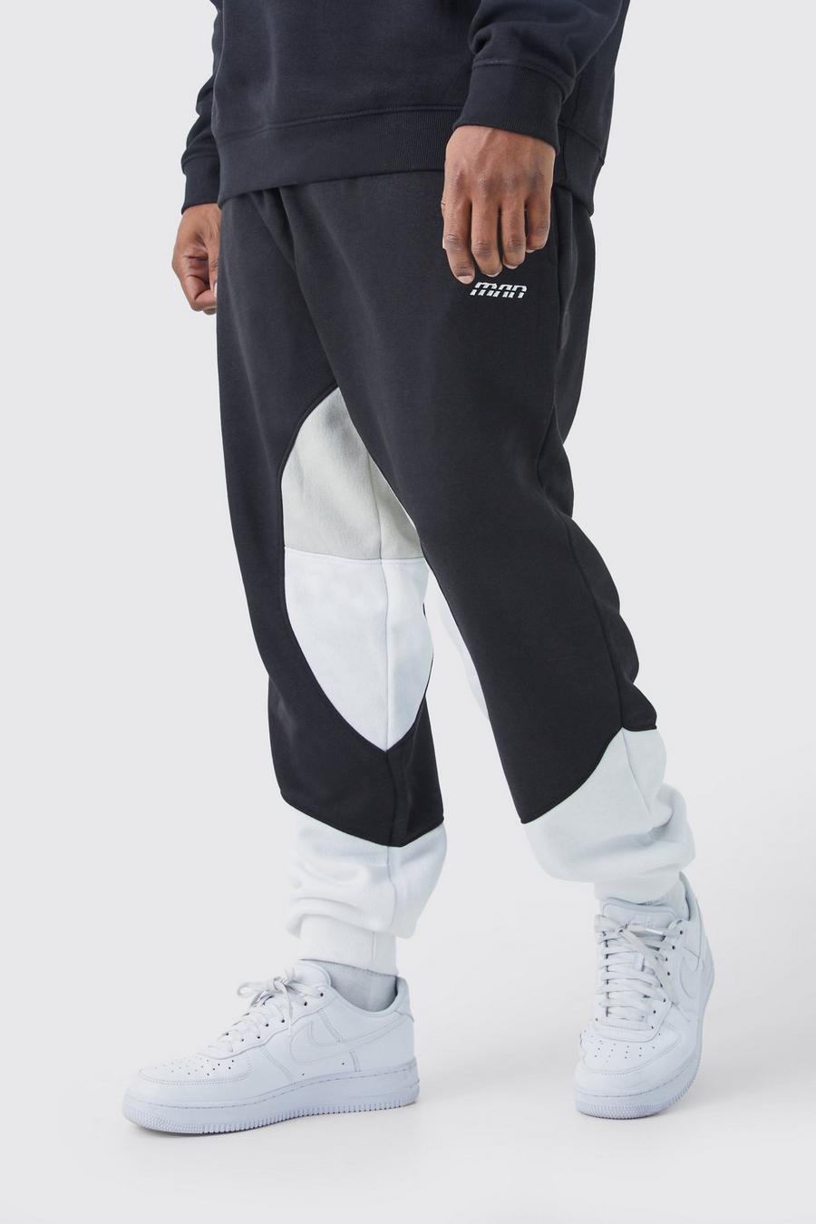 Pantaloni tuta Plus Size Man a blocchi di colore con pannelli, Black image number 1