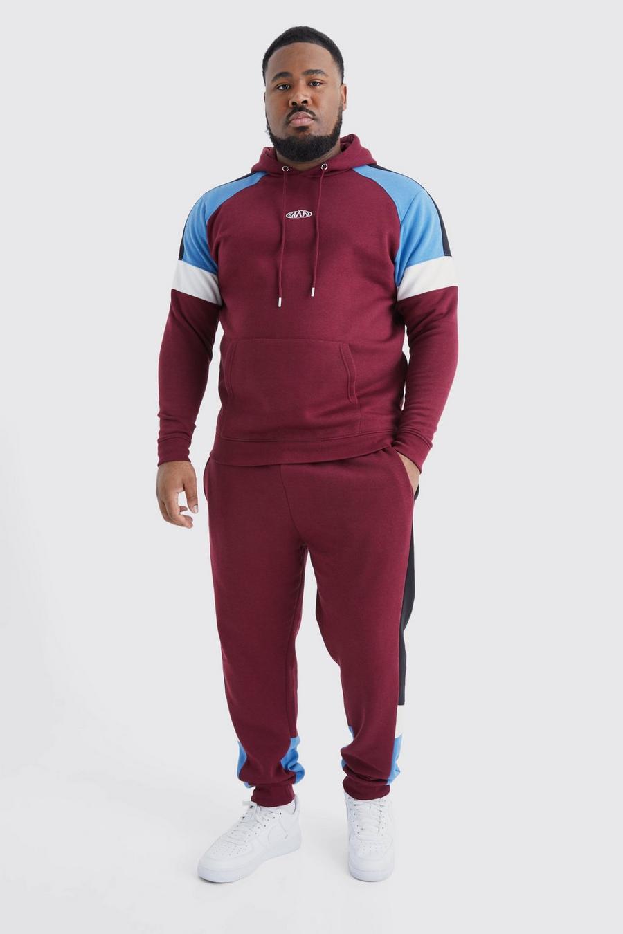 Tuta sportiva Plus Size Man Slim Fit a blocchi di colore con cappuccio, Red image number 1