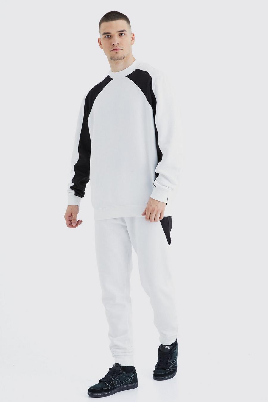 White Tall Zip Detail Colour Block Sweater Tracksuit image number 1