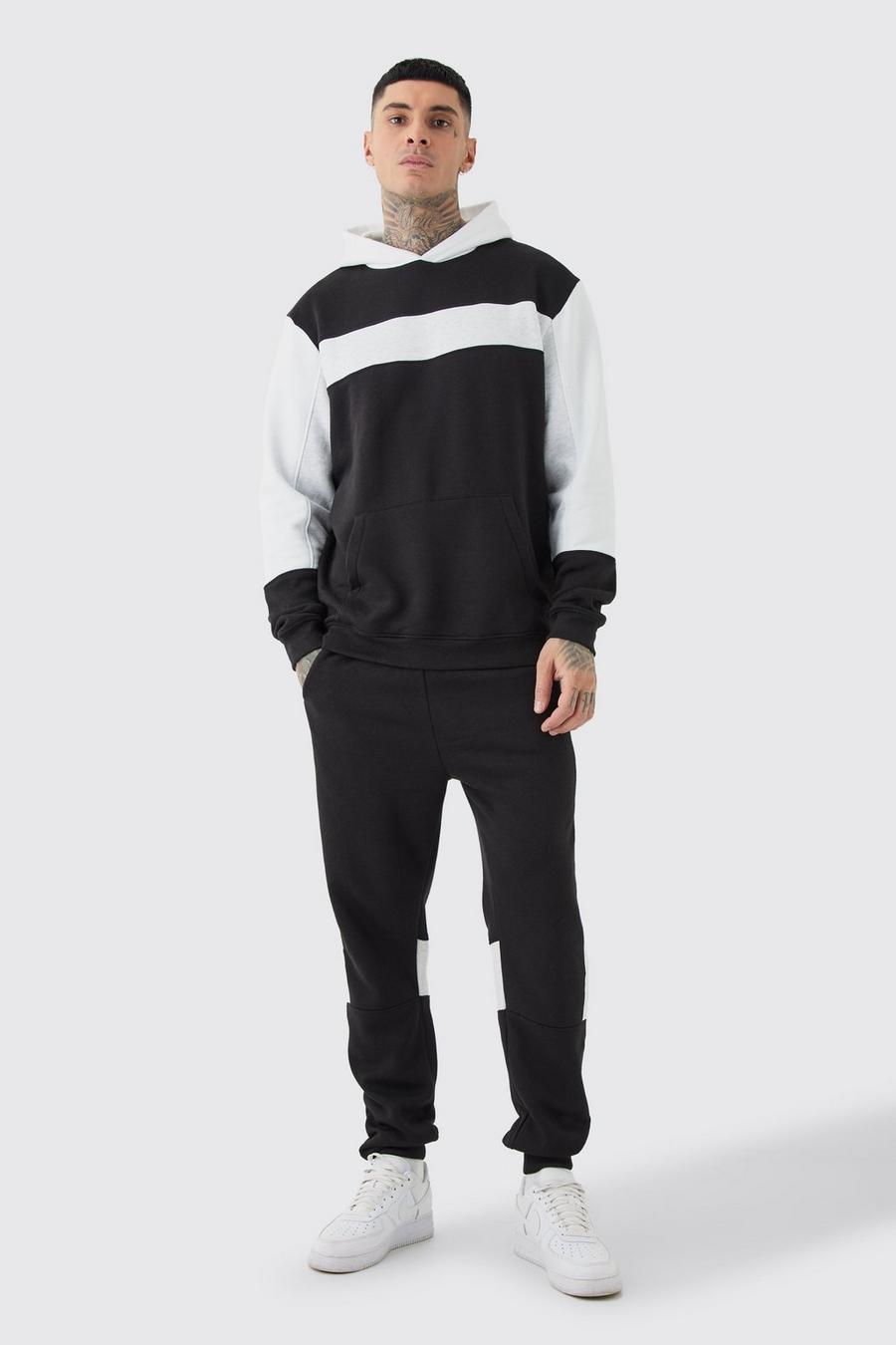 Black Tall Colour Block Panel Hooded Tracksuit image number 1
