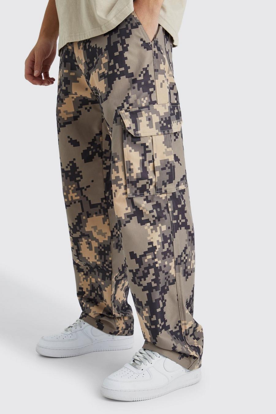 Pantalon cargo large imprimé camouflage, Stone beige