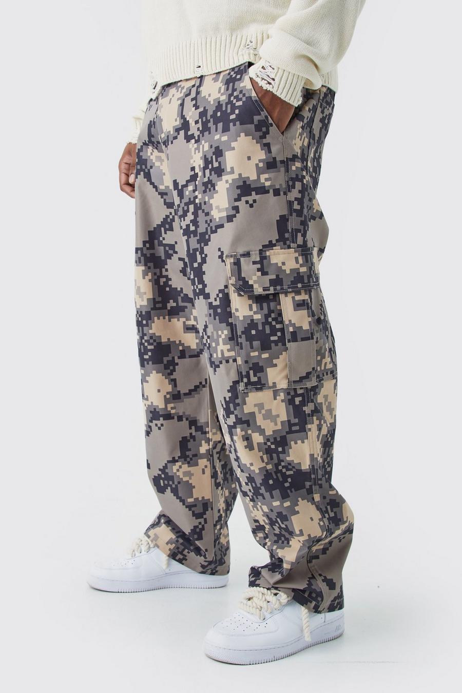 Pantaloni Cargo Plus Size rilassati in fantasia militare con pixel, Stone beis