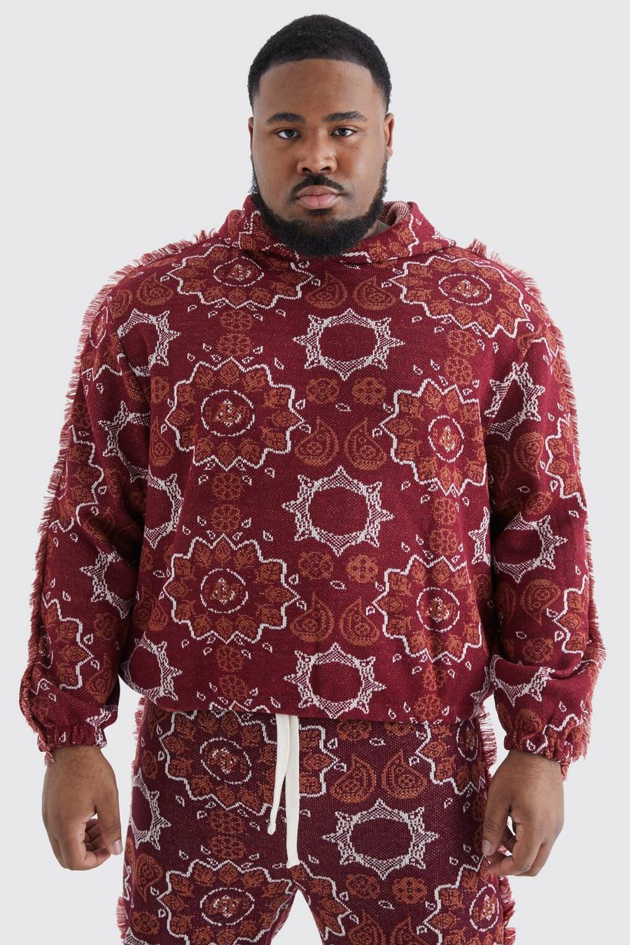 Red Plus Oversized Fringed Heavyweight Jacquard Tapestry Hoodie image number 1