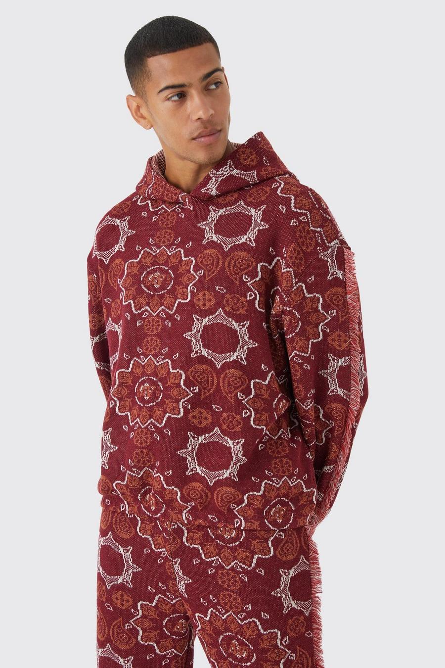 Red Oversized Fringed Heavyweight Jacquard Tapestry Hoodie image number 1