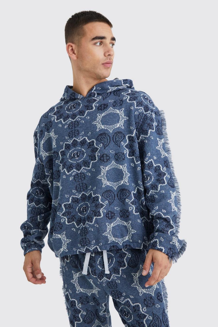 Blue Oversized Fringed Heavyweight Jacquard Tapestry Hoodie image number 1