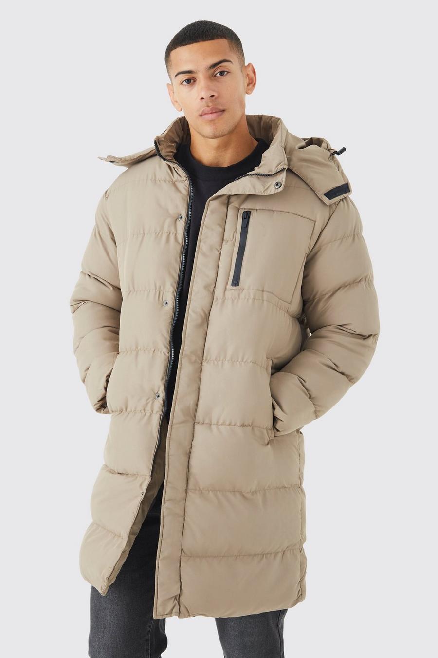 Stone beige Mid Length Puffer Parka With Hood