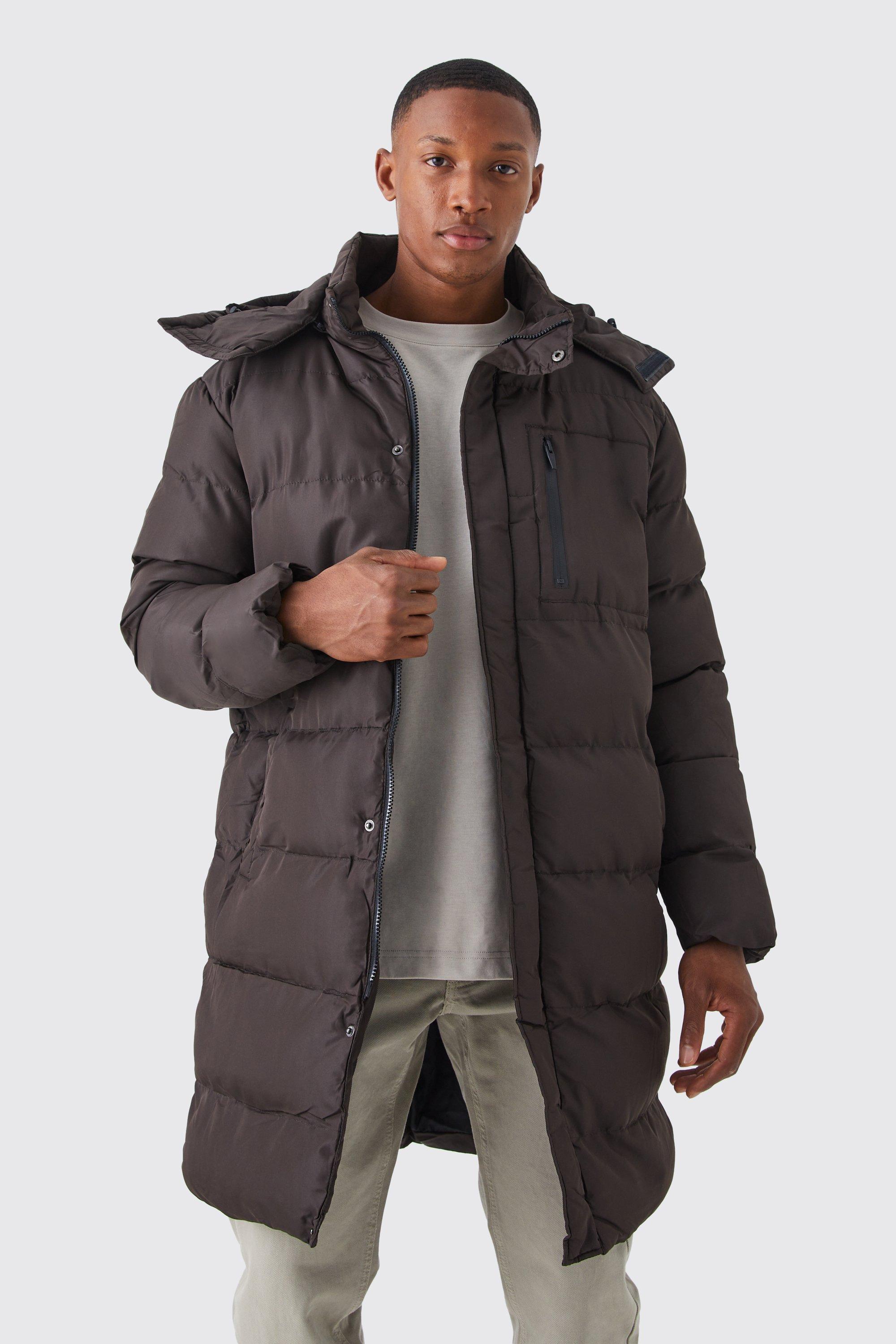 Mid length down store coat with hood