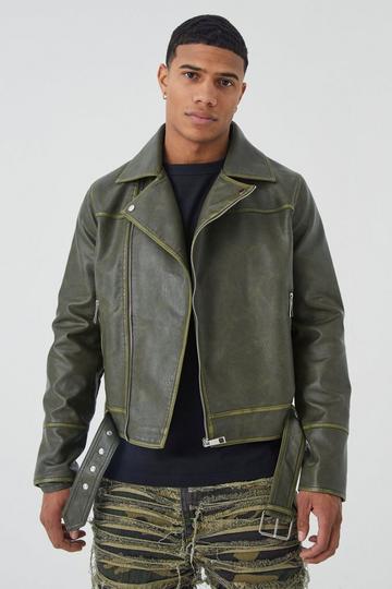 Green Boxy Vintage Pu Moto Jacket