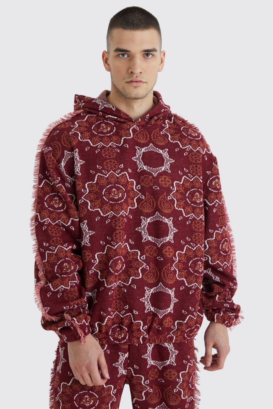 Tall Oversize Jacquard Hoodie mit Fransen, Red image number 1
