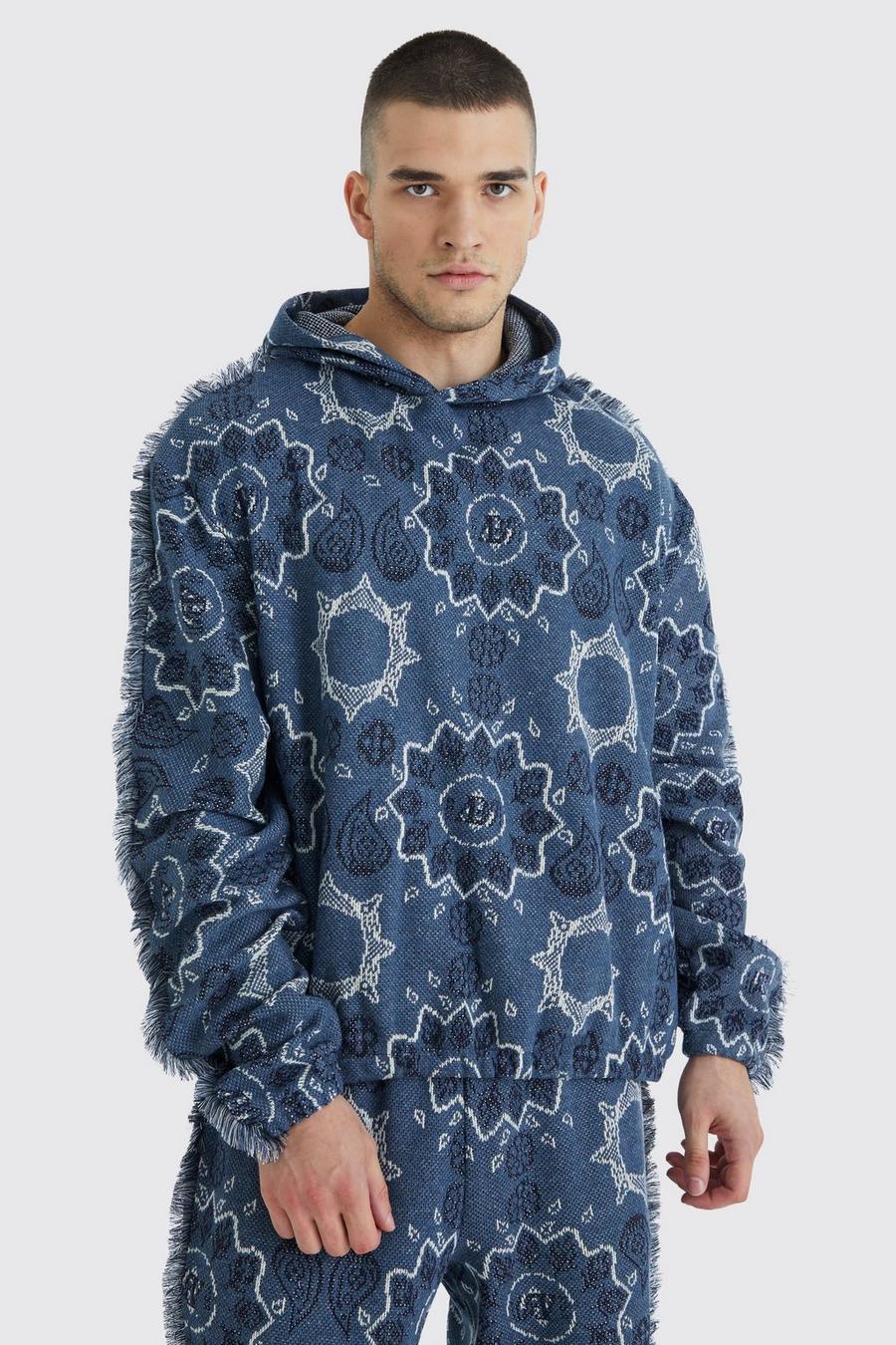 Blue Tall Oversized Fringed Heavyweight Jacquard Tapestry Hoodie image number 1