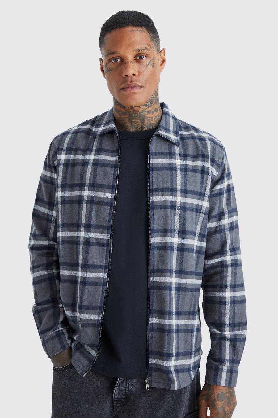 Charcoal grau Longsleeve Check Flannel Zip Overshirt