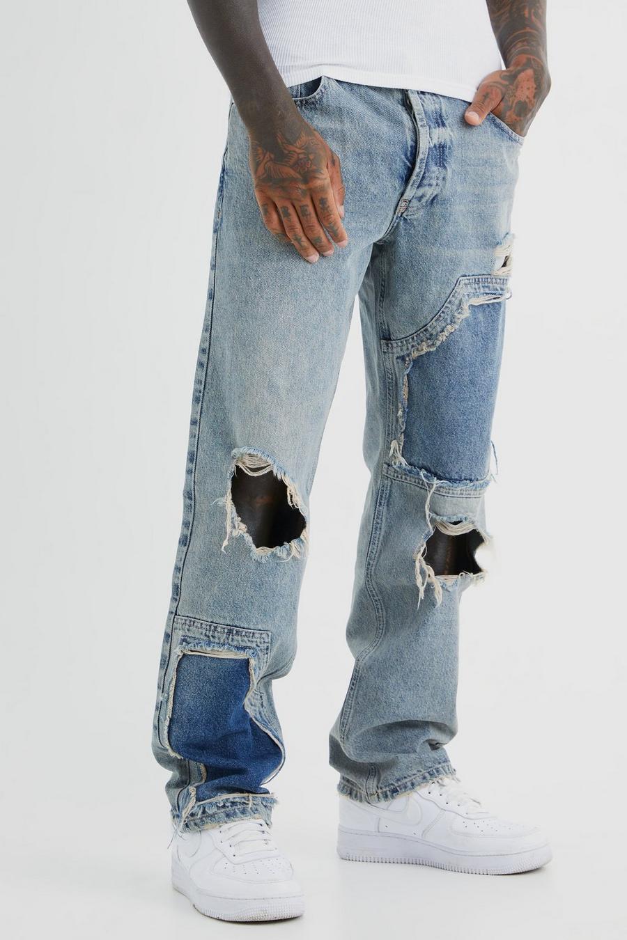Jeans rilassati in denim rigido con strappi, Light blue image number 1