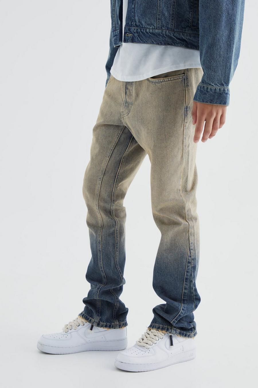 Jeans Slim Fit in denim rigido a zampa sfumati con inserti, Mid blue image number 1