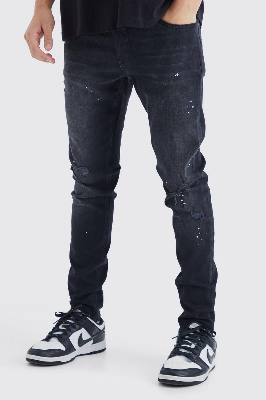Washed black Skinny Stretch Ripped Knee Paint Splatter Jean