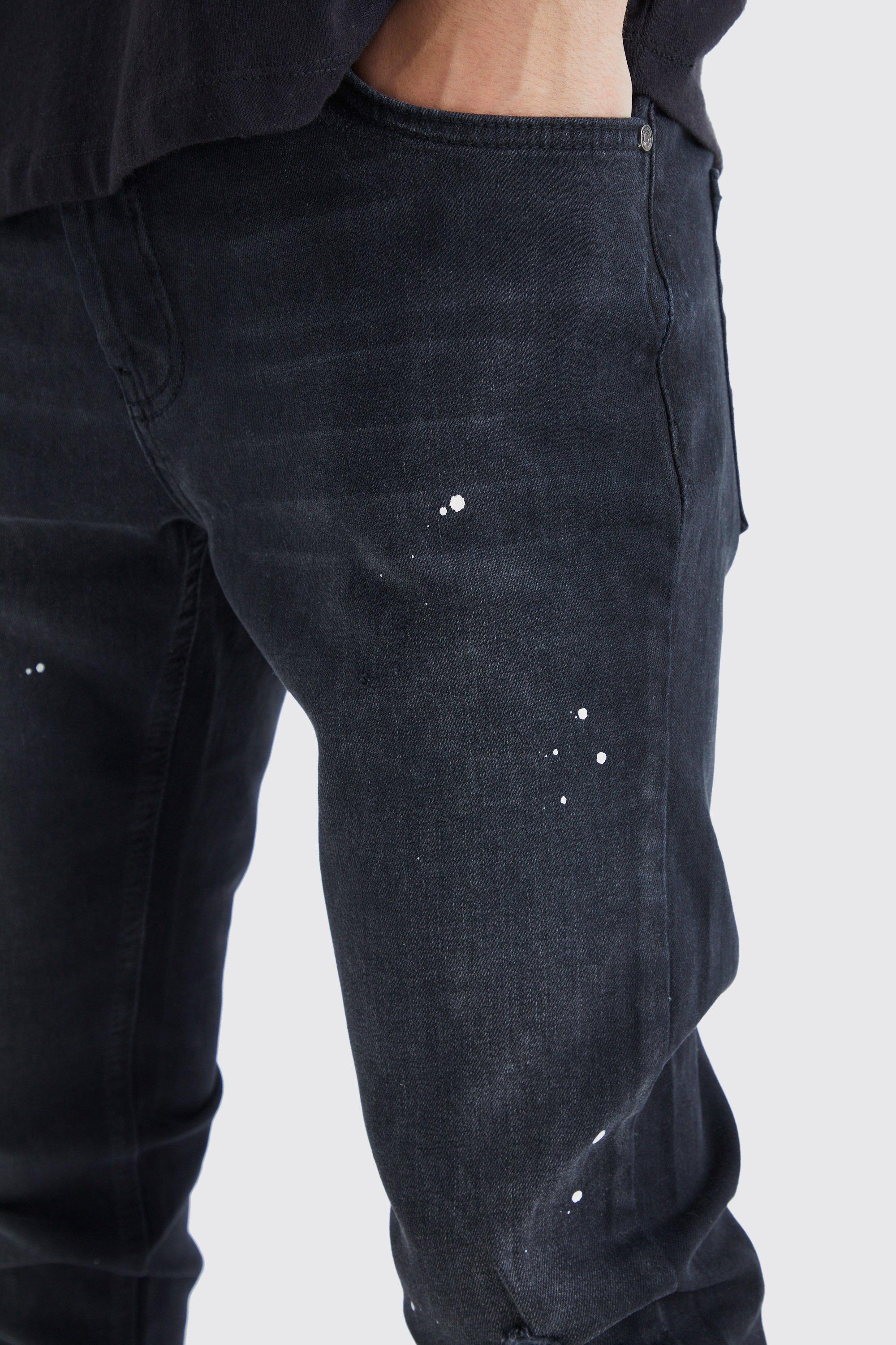 Men's Black Distressed Knee Paint Splatter Jeans - RippedJeans