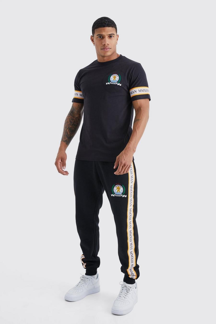 Black Man Gouden Geborduurd T-Shirt En Joggingbroek Set image number 1