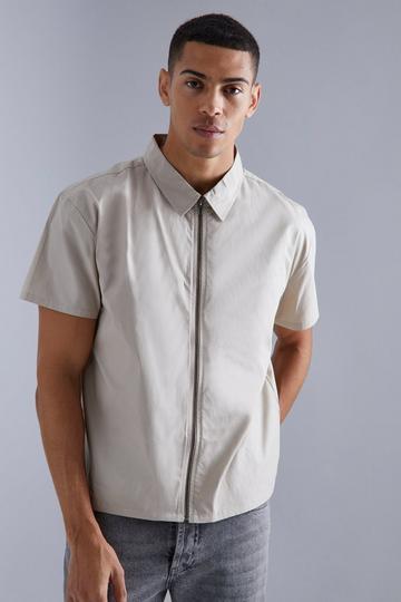 Stone Beige Short Sleeve Boxy Zip Shirt