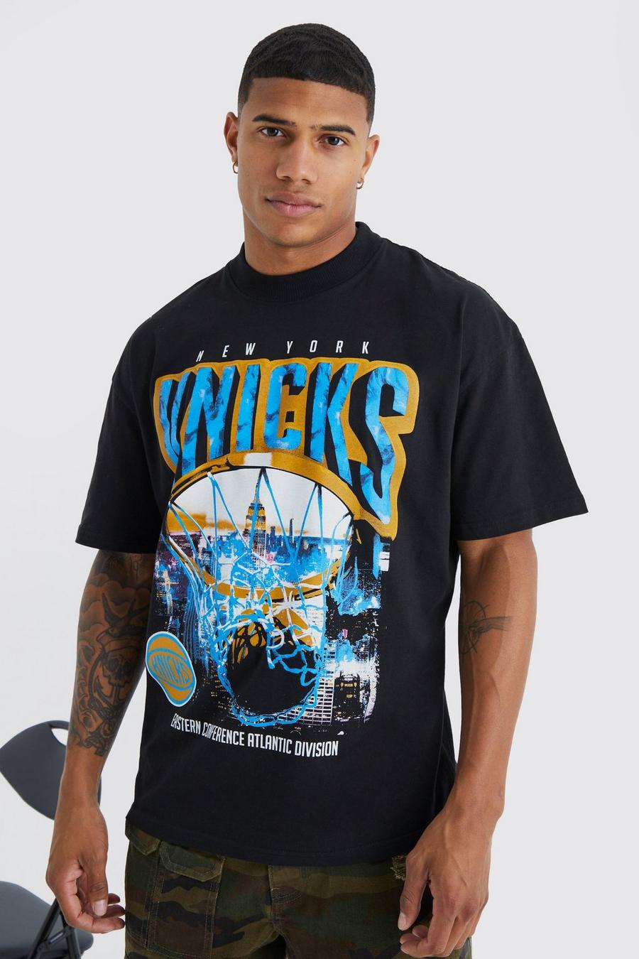 T-Shirt mit lizenziertem New York Knicks Nba Print, Black schwarz